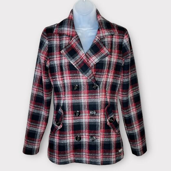 BILLABONG Wool Blend Red/Black Plaid Pea Coat Jacket Size Medium Y2K Academia - Picture 2 of 7